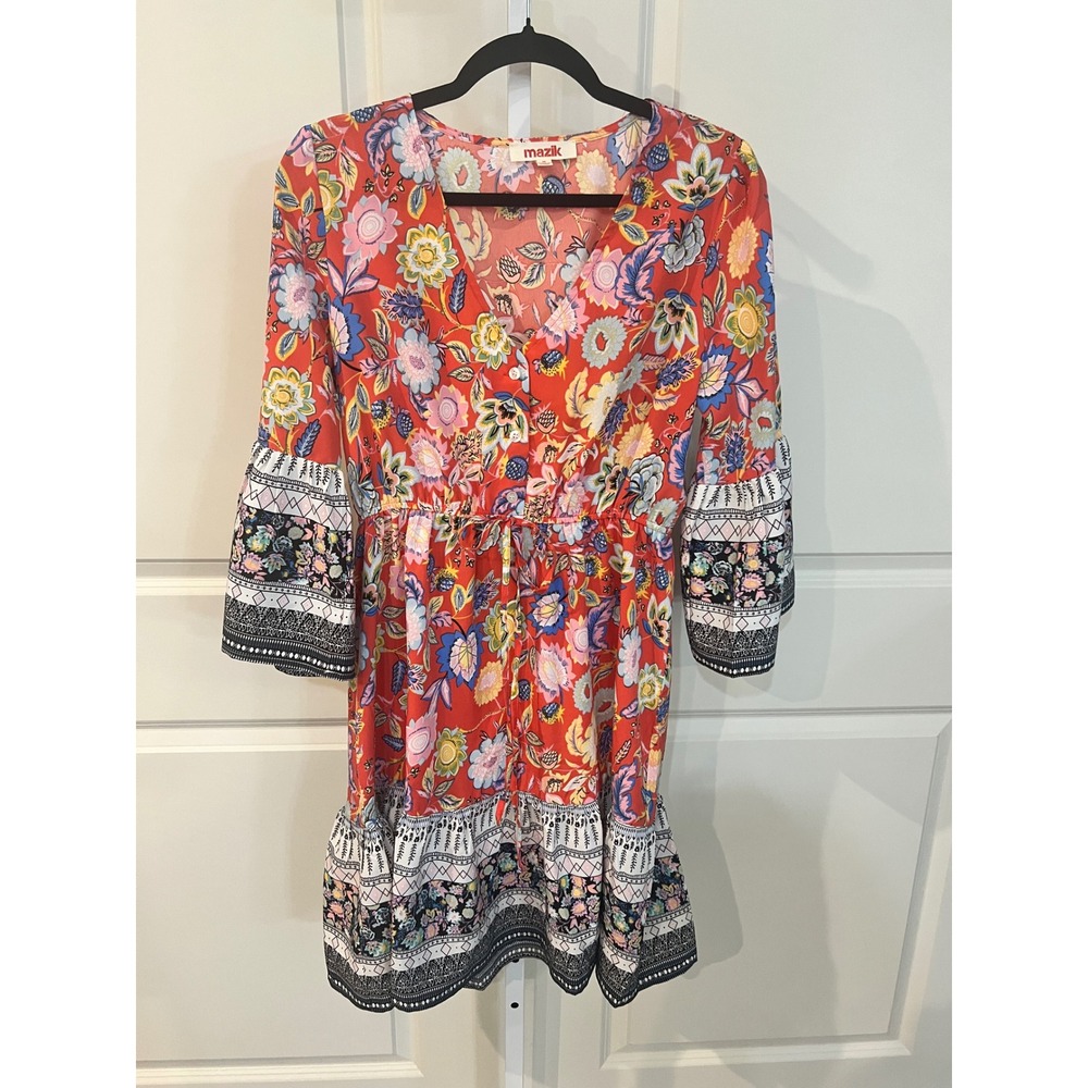 Anthropologie Mazik Floral Boho Mini Dress Red Bell Sleeve Elastic Waist M